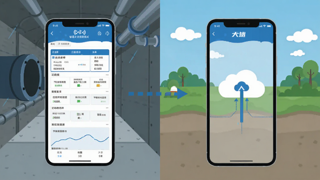 智慧水务综合应用离线模式示意图,画面分为左右两部分,左边是手机在无信号的地下管廊中仍能正常显示巡检表单,右边是手机回到地面后数据自动上传到云端的动画示意,中间用虚线箭头连接,风格科技感扁平化,蓝白配色,画质清晰干净