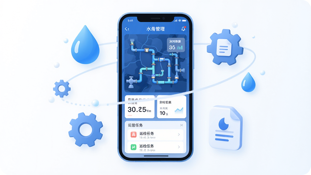 智慧水务综合应用软件全貌展示,画面中央是一部智能手机,屏幕显示蓝色调的水务管理仪表盘,上面有管网地图、实时数据卡片和巡检任务列表,手机周围环绕着水滴、齿轮、报表图标,整体布局简洁清晰,风格现代扁平化,细节圆润,画质干净明亮,无多余元素