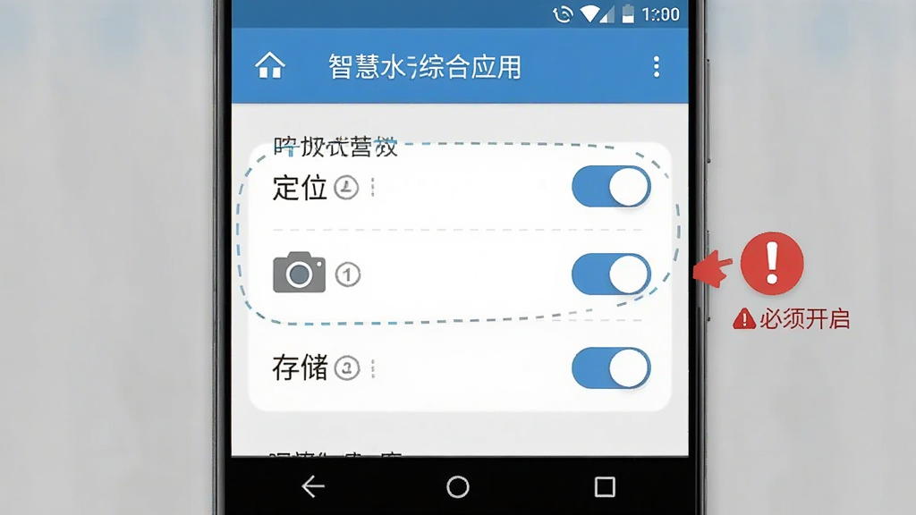 智慧水务综合应用手机设置界面截图,画面展示安卓手机的权限管理页面,高亮标注定位、相机、存储三个权限开关,旁边配有一个红色感叹号图标提示必须开启,风格扁平化信息图,蓝白灰配色,文字清晰,画质干净无杂乱