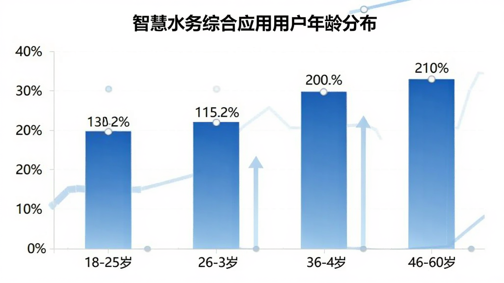 智慧水务综合应用用户年龄分布柱状图,横轴为年龄段18-25岁、26-35岁、36-45岁、46-60岁,纵轴为用户占比百分比,柱状颜色为蓝色渐变,柱子上方标注具体百分比数值,图表标题为“智慧水务综合应用用户年龄分布”,风格简洁商务,画质清晰干净