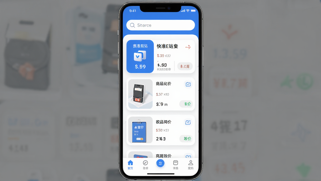 ��׼Eվ����������չʾ��������һ���ִ���Լ�����ֻ�APP���棬����Ϊ�������������м�����Ʒ�ȼۿ�Ƭ�б����ײ��е��������Ű��������࣬���Ϊ��ƽ���Ƽ�������ɫ��ϸ�ڰ���Բ��ͼ������������ֱ�ǩ�����ʸ���ɾ��޶���Ԫ��
