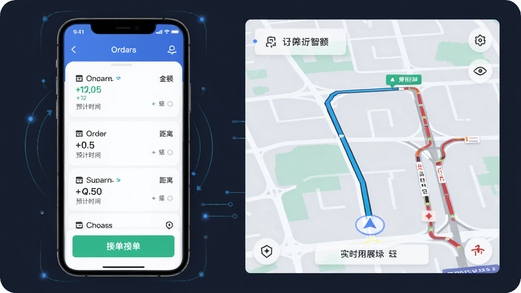 径出行司机端 智能派单与导航功能展示图,画面左侧显示手机屏幕内订单列表和接单按钮,右侧展示地图导航路线和实时路况信息,布局采用左右分屏结构,风格科技感扁平化,细节包含订单金额、距离、预计时间等数据标签,画质清晰干净无多余元素