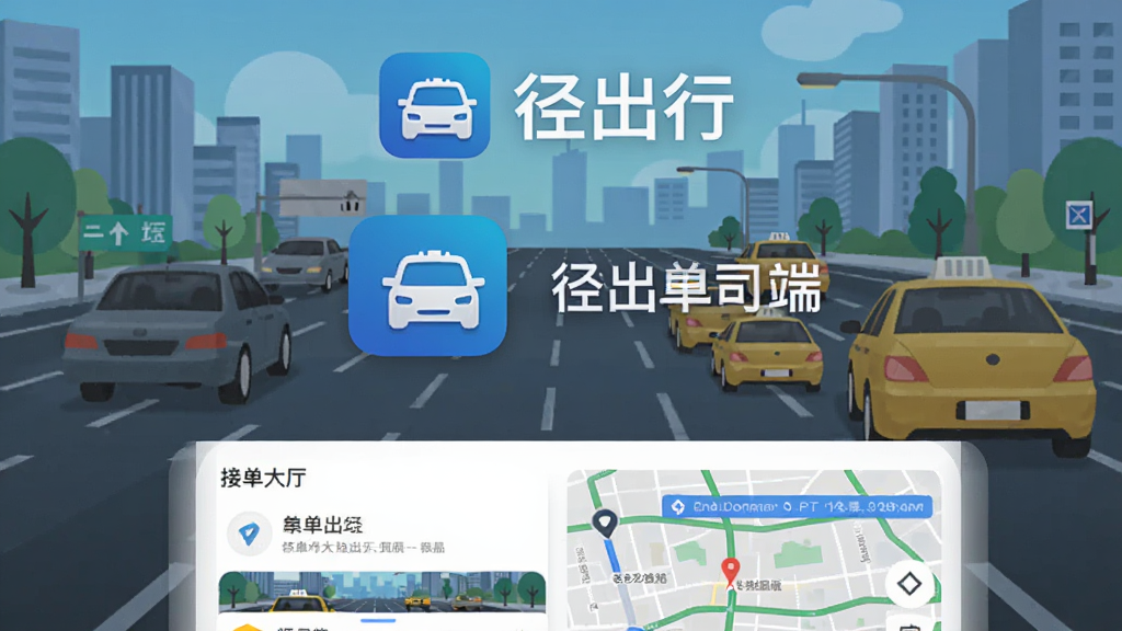 径出行司机端 手机App主界面截图,画面中央展示径出行司机端应用图标和名称,背景是城市道路与出租车网约车元素,布局采用上下结构,上方为软件Logo和名称,下方为接单大厅和地图导航界面缩略图,风格现代扁平化,细节清晰,画质干净无多余元素,适合应用商店展示