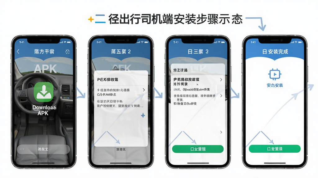径出行司机端 安装步骤示意图,画面展示手机屏幕从下载APK到安装完成的四个步骤截图,布局采用横向排列,风格简洁教程风,细节包含权限设置界面和安装进度条,画质清晰干净无多余元素