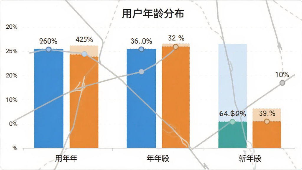 径出行司机端 用户年龄分布柱状图,画面展示三个年龄段的用户占比数据,布局采用柱状图结构,风格数据可视化,细节包含百分比数字和年龄段标签,画质干净无多余元素