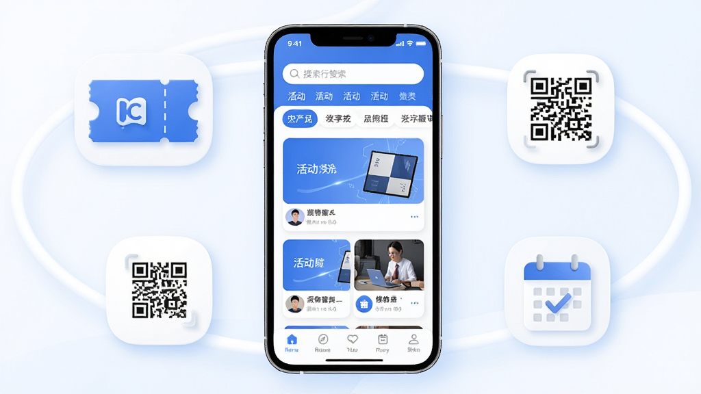 活动行管家应用主界面展示,画面中央是一部智能手机,手机屏幕显示活动行管家App首页,页面顶部有搜索栏和活动分类标签,中部是活动卡片列表,底部有导航栏,手机周围环绕着电子票券、签到二维码、日历提醒等图标,整体布局居中,风格现代简洁,蓝白配色,细节圆润,画质清晰,干净无多余元素