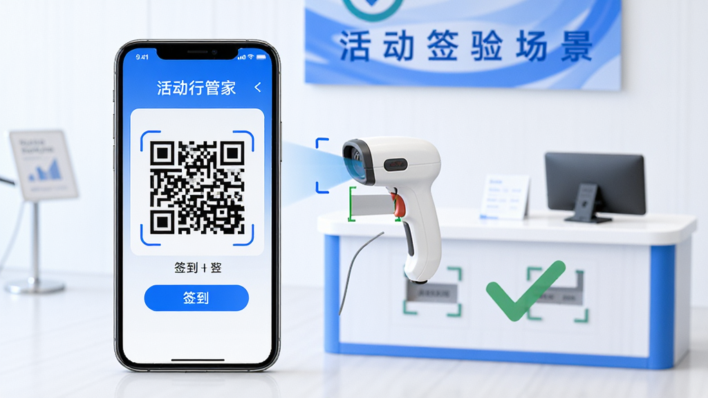活动行管家签到核验场景,画面展示一部手机屏幕显示签到二维码,旁边有扫描枪图标和绿色对勾标识,背景是简洁的活动签到台场景,布局左右分布,风格现代商务,蓝白配色,细节清晰,画质干净,无多余元素