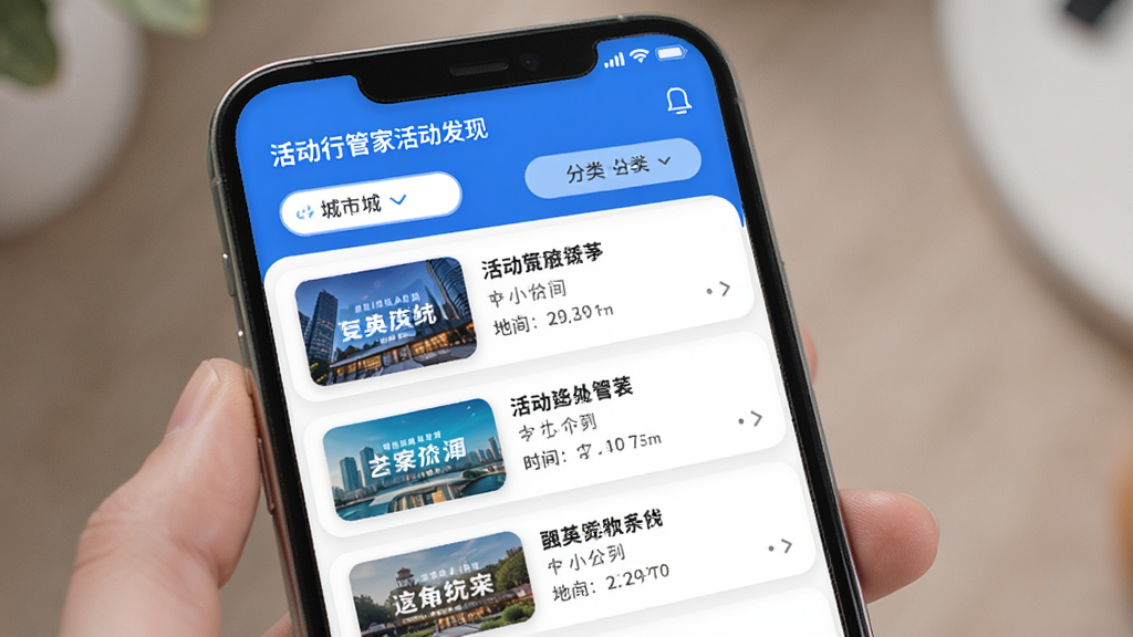 活动行管家活动发现页面,手机屏幕显示活动推荐列表,每张卡片有活动封面图、标题、时间和地点,顶部有城市切换和分类筛选,页面布局为纵向列表,风格清新明快,蓝白配色,细节圆润,画质清晰,无多余元素