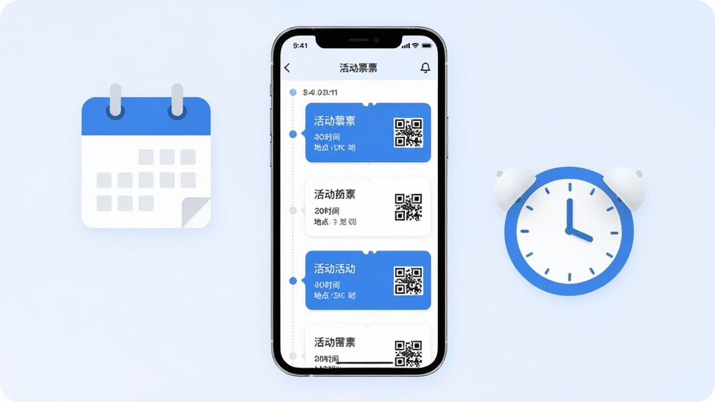 活动行管家电子票券管理界面,画面中央是一部手机,屏幕显示票夹列表,每张票券卡片上有活动名称、时间、地点和二维码图标,卡片按时间轴排列,手机旁边有日历和时钟图标作为装饰,整体布局清晰,风格扁平化,蓝白主色调,细节精致,画质干净,无多余元素