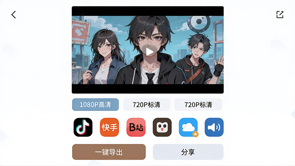 漫剧AI生成软件的导出分享界面,画面中央是视频预览窗口,下方有