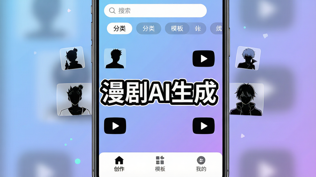 一张手机屏幕展示漫剧AI生成软件的主界面,界面中央是醒目的