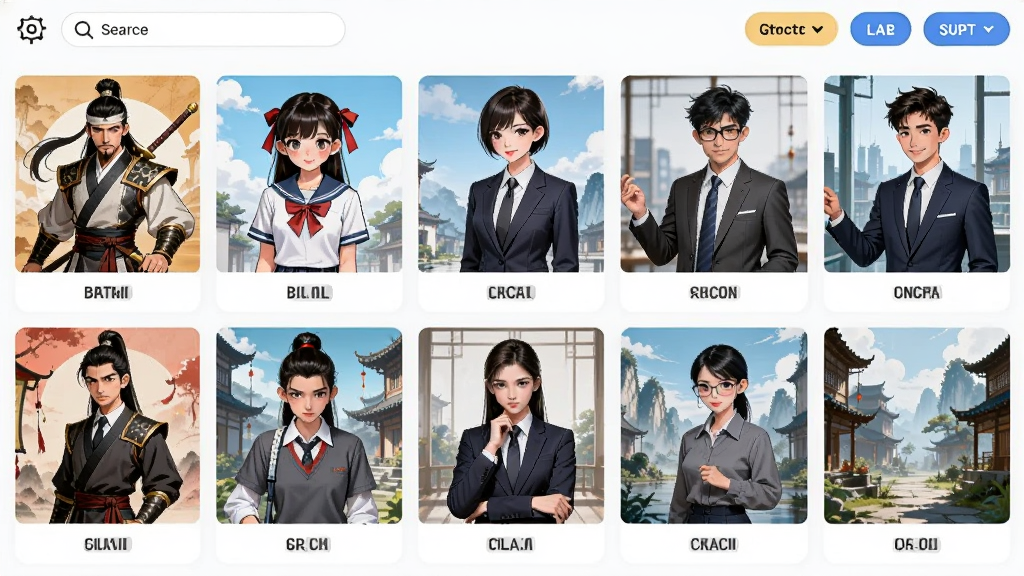 漫剧AI生成软件的素材库界面,画面以网格形式展示各种漫画风格的角色立绘和场景背景图,包括古风侠客、校园学生、都市白领等形象,每个素材下方有分类标签,顶部有搜索框和筛选按钮,整体排版整齐有序,风格活泼明快,画质干净清晰
