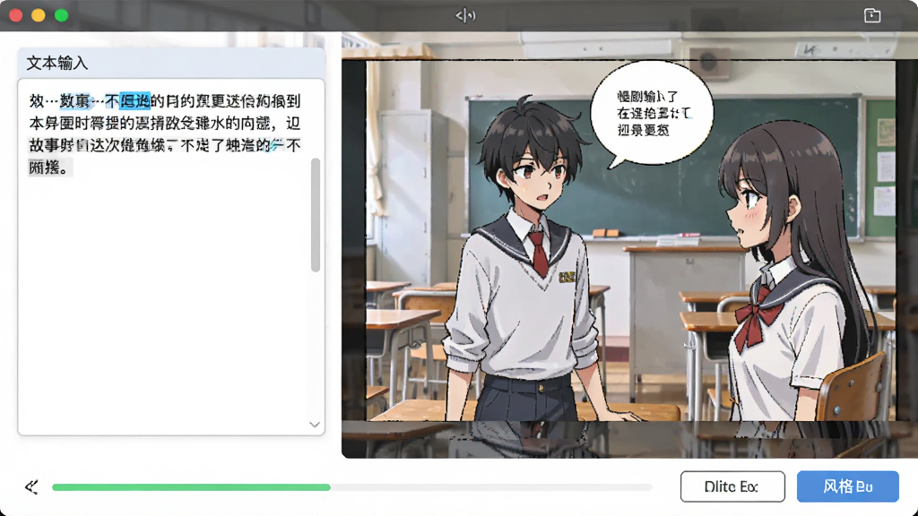 漫剧AI生成软件的工作界面截图,画面左侧是文本输入框,里面写着一小段故事文字,右侧实时生成对应的漫画分镜画面,画面中有两个动漫风格的角色在对话,背景是教室场景,界面底部有生成进度条和风格选择按钮,整体布局清晰直观,风格现代扁平,画质干净无多余元素