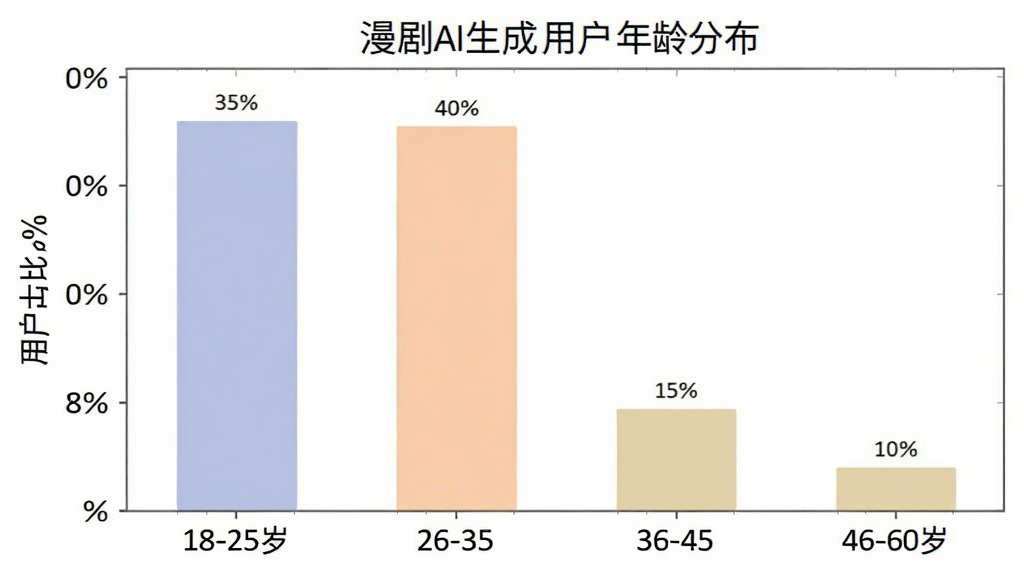 漫剧AI生成用户年龄分布柱状图,横轴为年龄段18-25岁、26-35岁、36-45岁、46-60岁,纵轴为用户占比百分比,柱状图显示18-25岁占比约35%,26-35岁占比约40%,36-45岁占比约15%,46-60岁占比约10%,图表风格简洁清晰,配色柔和,画质干净无多余元素