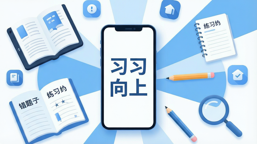 һ��չʾ��ϰϰ���ϡ�App����ȫò�Ĳ廭������������һ�������ֻ�����Ļ��������ʾ��ϰϰ���ϡ��ĸ��֣��ֻ���Χ�����ŵ��ӿα�����ϰ�ᡢ���Ȿ��Ǧ�ʺͷŴ󾵵�ѧϰԪ�أ����岼�����ֻ�Ϊ�Ӿ�����ʷ���״ɢ�������Ϊ�ִ���ƽ���廭��ɫ�������µ�����ɫ��Ϊ����ϸ�ڴ�����Բ���ͼ�����͵���Ӱ�����ʸɾ��������޶�������Ԫ��