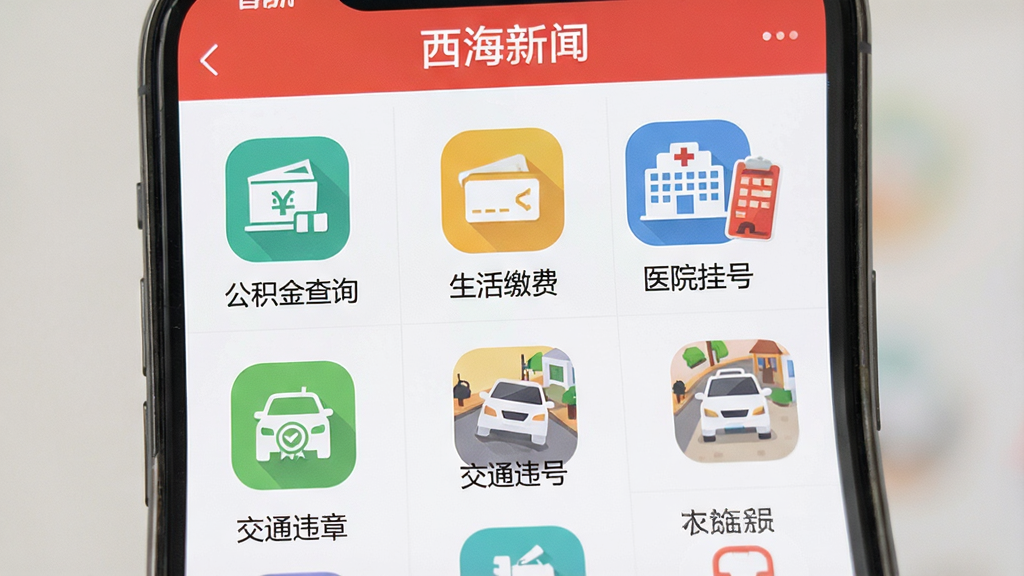 һ���ֻ���Ļչʾ���������š�APP�ı������ҳ�棬ҳ���ԾŹ�����ʽ�����Ÿ��ַ���ͼ�꣬�硰�������ѯ����������ɷѡ�����ҽԺ�Һš�������ͨΥ�¡��ȣ�ͼ����Ʊ�ƽ������ɫ����������Ϊǳ��ɫ�����岼�ֹ��������ʸɾ�