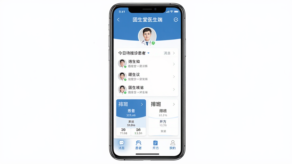 ������ҽ����App������ȫòչʾ���ֻ���Ļ���У�������ʾ��������ҽ���ˡ�������ҽ��ͷ���м��ǽ��մ����ﻼ���б����Ű࿨Ƭ���ײ�����Ϣ�����ߡ��������ҵ��ĸ�ѡ���������ɫ������ɾ����࣬��ƽ����Ʒ�񣬻��������޶���Ԫ��
