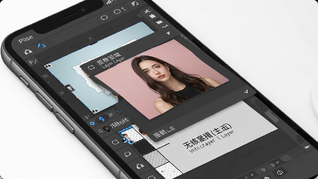 一张展示PS图片处理软件图层编辑功能的图片,画面中手机屏幕显示多个图层叠加的编辑界面,每个图层标注不同名称,有背景层、人物层、文字层,界面布局清晰,风格现代,画质干净,无多余元素