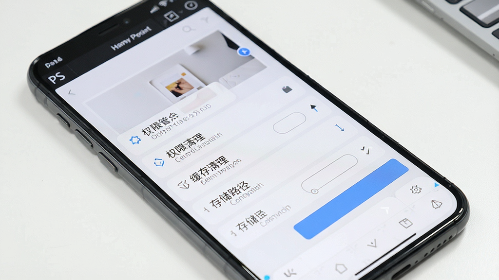 一张展示手机修图软件操作指南的图片,画面中手机屏幕显示PS图片处理软件的设置界面,包含权限管理、缓存清理、存储路径选择等选项,界面布局清晰,风格现代,画质干净,无多余元素