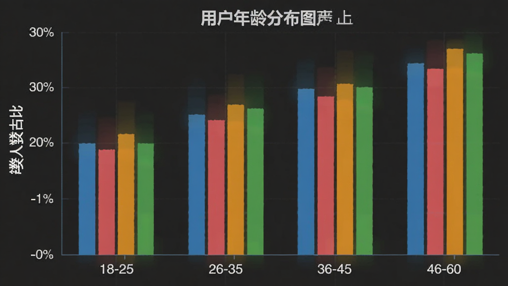 一张展示用户年龄分布柱状图的图片,横轴为年龄段18-25、26-35、36-45、46-60,纵轴为人数占比,柱状图颜色清晰,背景简洁,风格现代,画质干净,无多余元素