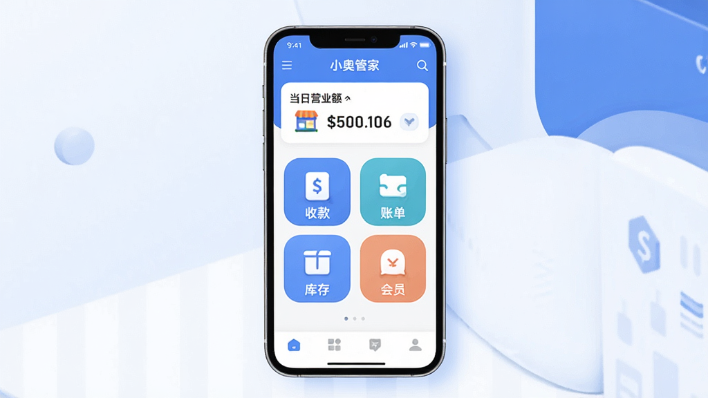 С�¹ܼ�Ӧ��������չʾͼ������������һ�������ֻ�����Ļ����ʾС�¹ܼ�App����ҳ�������е������ƺ͵���Ӫҵ�����֣��м����տ�˵�����桢��Ա�ĸ��������ͼ�꣬�ײ��ǵ������������Ǽ�������ɫ�����������ִ���ƽ����ͼ��Բ�����������ʸɾ��޶���Ԫ��