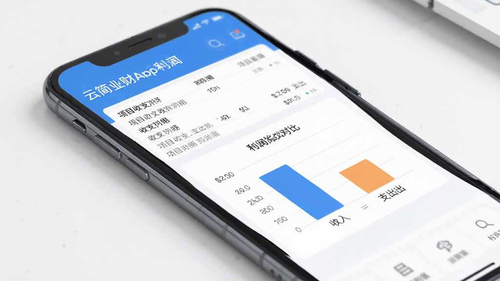 一张展示云简业财App项目利润看板界面的图片,手机屏幕显示一个项目的收支明细列表和利润汇总图表,图表用简单的柱状图展示收入与支出对比,界面布局清晰,以蓝白色调为主,风格现代扁平,画质干净,无多余元素