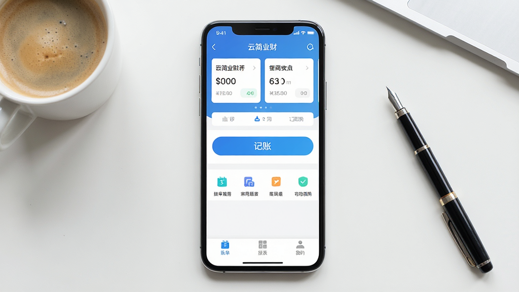 一张展示云简业财App核心全貌的图片,画面中央是手机屏幕,屏幕里显示云简业财App的首页,顶部有简单的收支汇总卡片,中间是清晰的记账按钮和常用功能入口,底部导航栏有账单、报表、我的三个选项,背景是干净的浅色桌面,旁边放着一杯咖啡和一支笔,风格现代简约,画质清晰,无多余元素