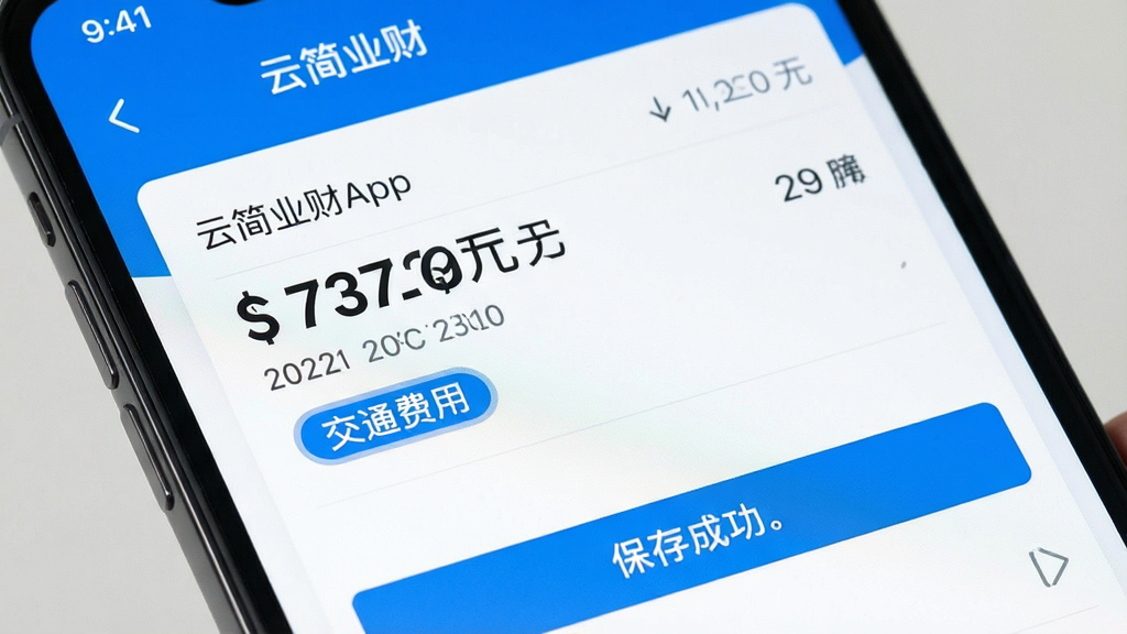 一张展示云简业财App智能记账界面的图片,手机屏幕特写,显示一条刚刚录入的支出记录,金额数字清晰可见,分类标签自动高亮显示为「交通费用」,下方有保存成功的提示,界面风格清爽,以蓝白色调为主,画质干净,无多余元素
