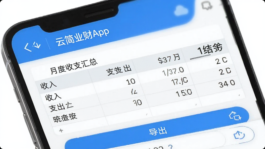 一张展示云简业财App报表导出界面的图片,手机屏幕显示一份月度收支汇总表,表格清晰列出收入、支出和结余,底部有导出按钮,界面风格简洁专业,以蓝白色调为主,画质干净,无多余元素