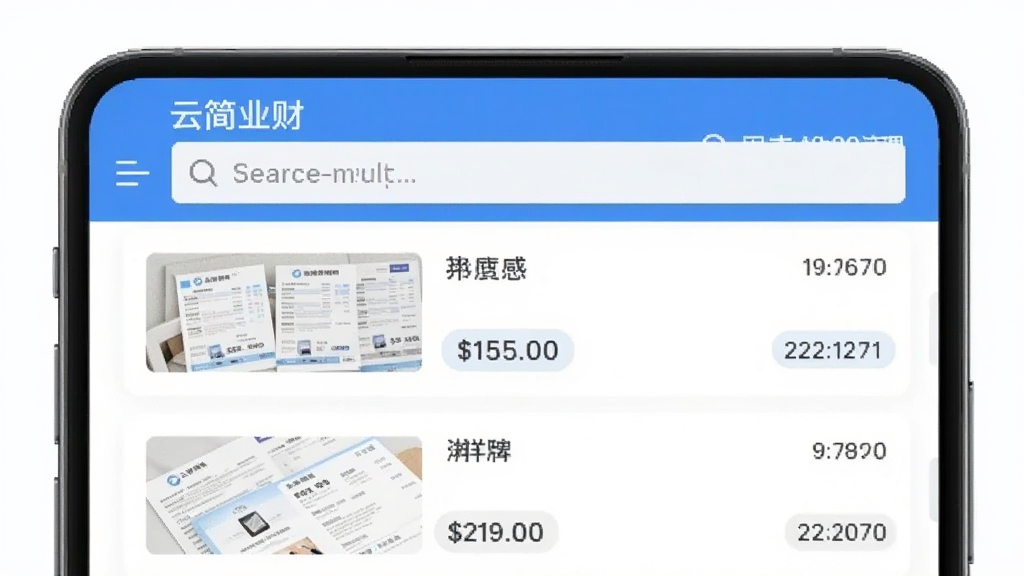 一张展示云简业财App发票管理界面的图片,手机屏幕显示发票列表,每张发票有缩略图和对应的金额、日期标签,顶部有搜索框,界面风格简洁,以蓝白色调为主,画质干净,无多余元素