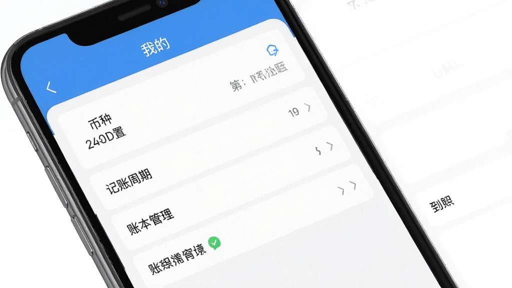 一张展示云简业财App设置界面的图片,手机屏幕显示「我的」页面,有币种设置、记账周期、账本管理等选项,界面布局清晰,以蓝白色调为主,风格简洁,画质干净,无多余元素