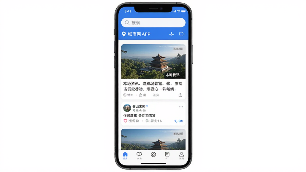 ��ɽ��APP������ȫòչʾ���ֻ���Ļ���У������������ͳ��ж�λ���м���Ϣ����Ƭʽ���б�����Ѷ�����ӣ��ײ��������ͼ�꣬���岼��������������ɫ������ִ���࣬���ʸɾ��޶���Ԫ��