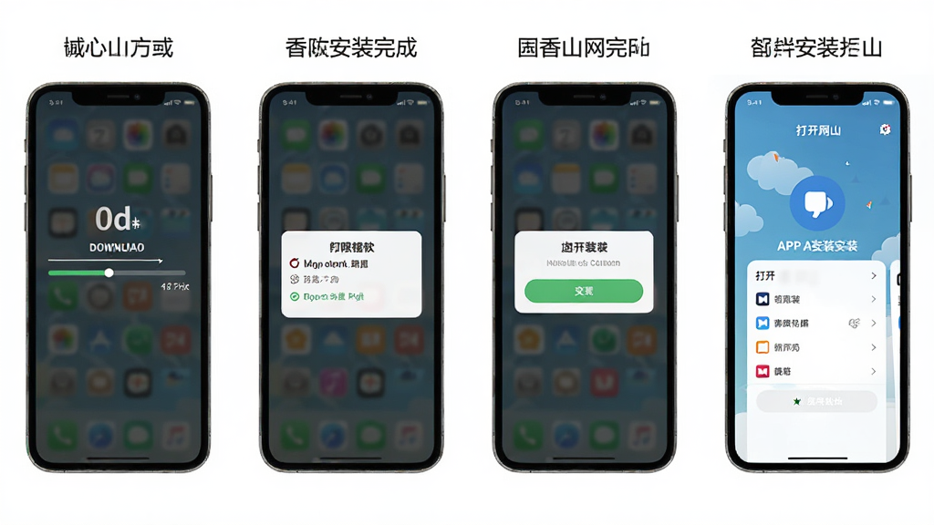 ��ɽ��APP��װ����ʾ��ͼ���ֻ���Ļչʾ�����ص���װ��ɵ��ĸ����棬�������ؽ�������Ȩ�޵�������װ��ť�ʹ򿪽��棬����࣬��ע���������ʸɾ����޶���Ԫ��