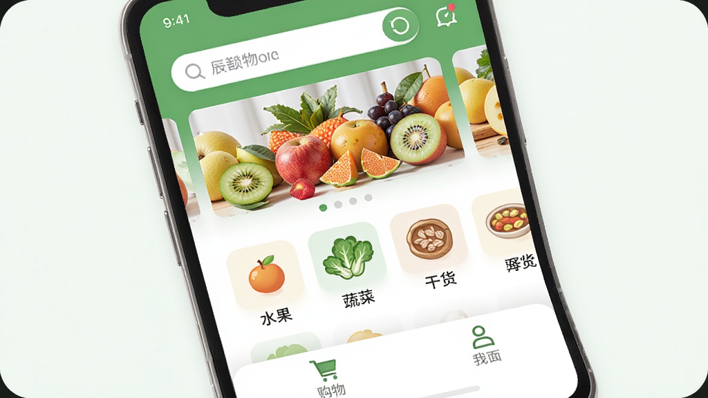 一张手机屏幕展示辰颐物语App的主界面,界面以清新绿色和白色为主色调,顶部是搜索栏和轮播图展示新鲜水果,中部是商品分类图标如水果、蔬菜、干货,底部是购物车和我的页面,画面风格现代扁平化,细节圆润,画质干净无多余元素,整体给人一种新鲜、健康、便捷的感觉