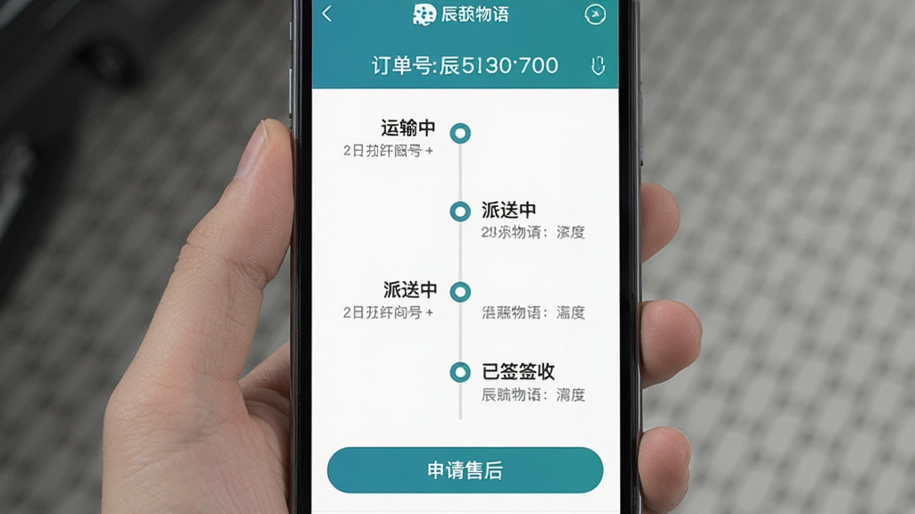 一张手机截图风格的图片,展示辰颐物语App内的物流跟踪页面,页面顶部显示订单号,中间是垂直时间轴展示已揽收、运输中、派送中、已签收四个节点,每个节点旁有具体时间和位置信息,底部有一个申请售后的按钮,界面设计简洁清晰,以蓝绿色为主色调,画质干净无多余元素