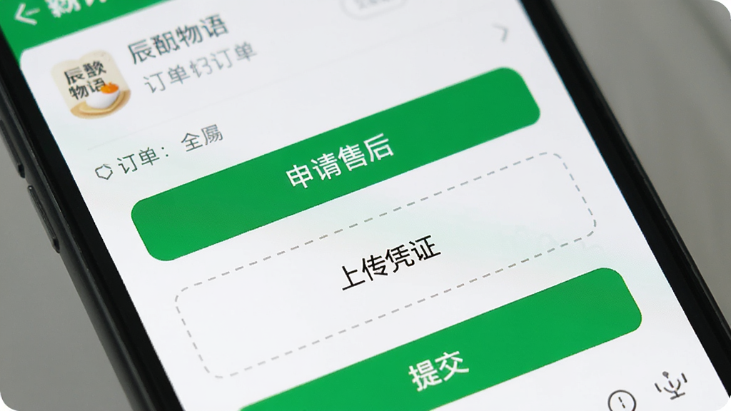 一张手机屏幕特写,展示辰颐物语App的订单售后页面,页面中央有一个“申请售后”的绿色按钮,下方有“上传凭证”的虚线框和“提交”按钮,背景是模糊的订单列表,画面风格简洁实用,以绿色和白色为主,画质干净无多余元素