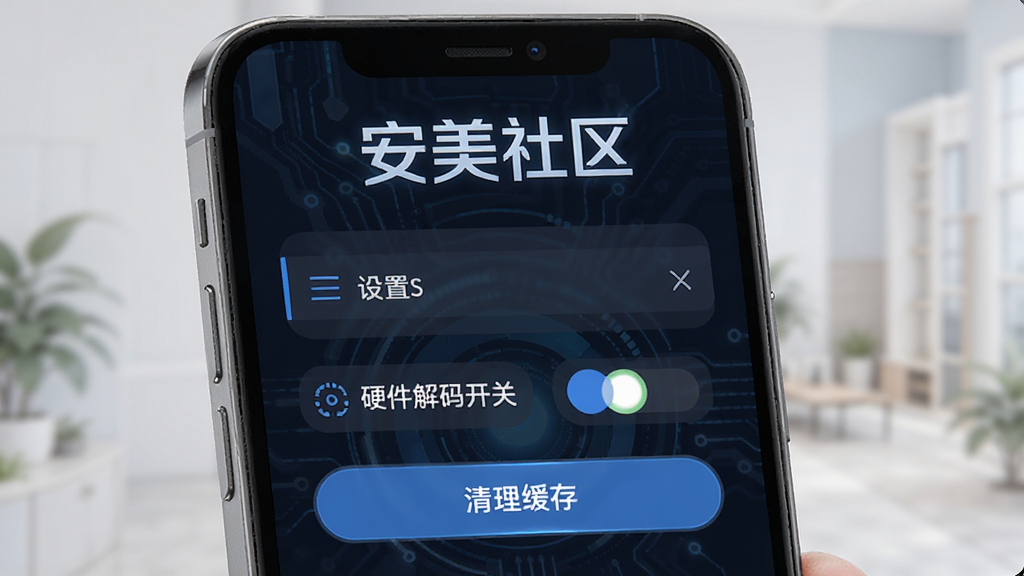 安美社区 移动端操作界面展示,手机屏幕显示安美社区文字,界面中有设置菜单、硬件解码开关、清理缓存按钮,布局清晰,排版合理,风格科技感,细节精致,画质干净,无多余元素