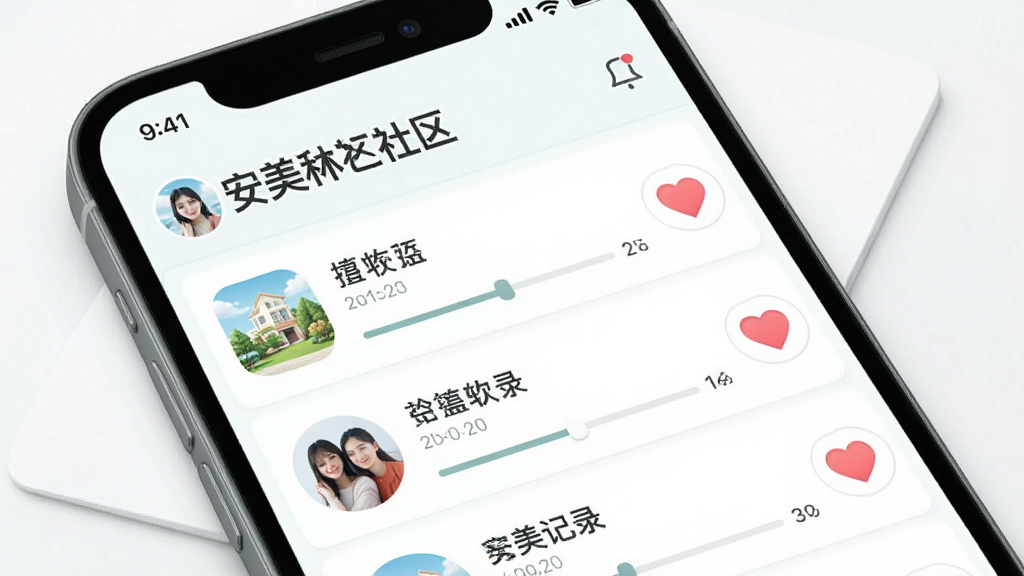 安美社区 个人收藏界面展示,手机屏幕显示安美社区文字,界面中呈现列表形式的收藏记录,带有播放进度条和心形收藏图标,布局简洁,排版舒适,风格清新,细节精致,画质干净,无多余元素