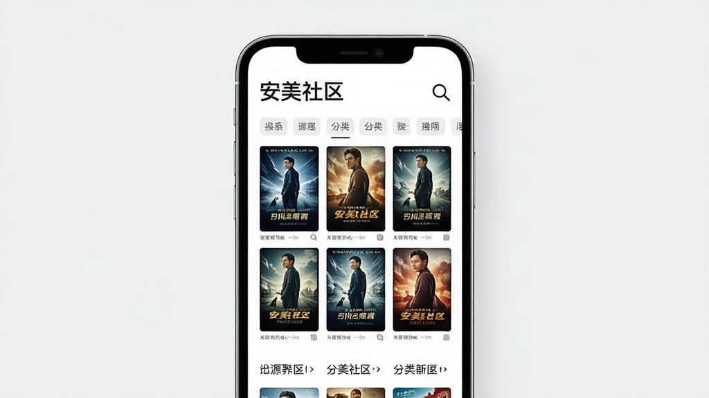 安美社区 资源聚合界面展示,手机屏幕中显示安美社区文字,屏幕内呈现网格状排列的电影海报墙,有搜索放大镜图标和分类标签,布局整齐,排版清晰,风格简约现代,细节精致,画质干净,无多余元素