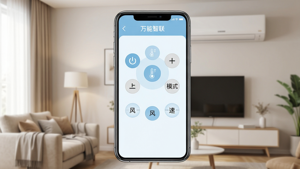 һ��չʾ���������յ�ң�����ֻ�App�������ͼƬ������������һ�������ֻ����ֻ���Ļ����ʾ���������յ�ң������ң�������棬������Դ���ء��¶ȼӼ���ģʽ�л������ٵ��ڵ�Բ�ΰ�ť��������ǳ��ɫ�Ͱ�ɫΪ��ɫ�����������࣬��������ܰ�ļҾӿ�����������һ̨�ڹ�ʽ�յ�������ִ���Լ��ϸ�����������ʸɾ��޶���Ԫ��