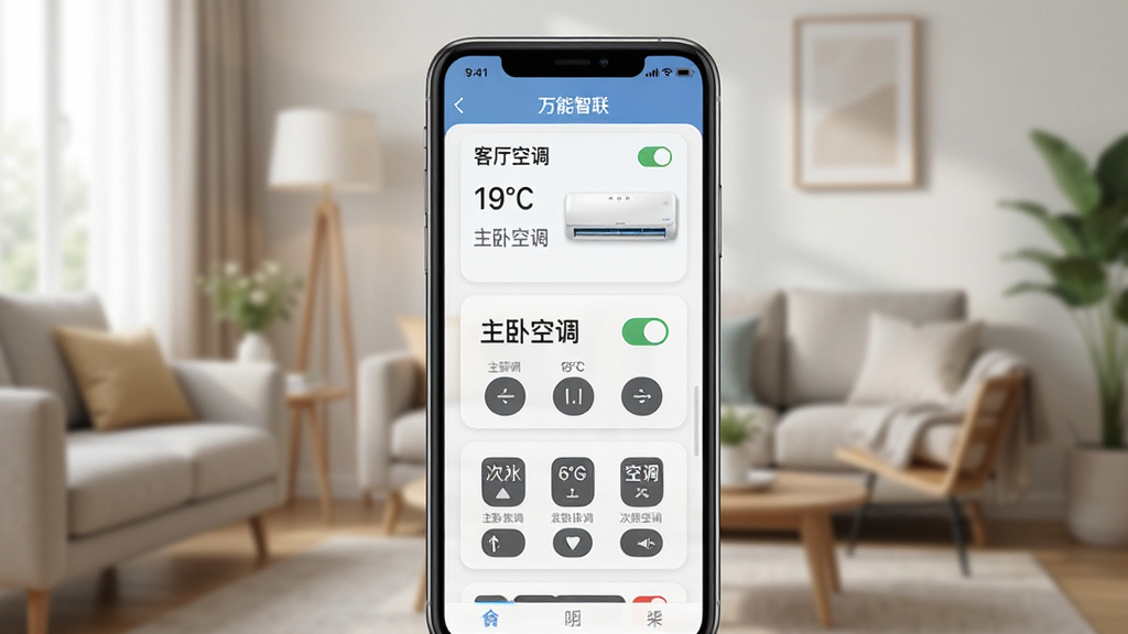һ��չʾ���������յ�ң����App���豸���������ͼƬ���ֻ���Ļ����ʾ�����յ��豸��Ƭ���ֱ��ע�������յ��������Կյ��������Կյ�����ÿ����Ƭ�����¶���ʾ�Ϳ���״̬�������Կ�Ƭʽ���ֳ��֣������ˬ�������ǾӼһ��������ʸɾ��޶���Ԫ��