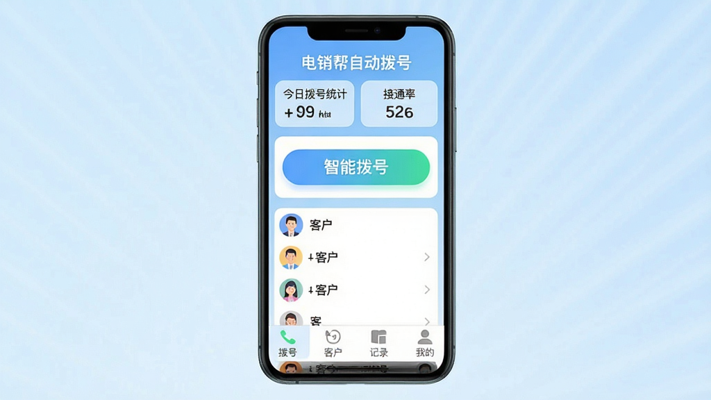 �ֻ���Ļ����չʾ���������Զ����š�APP�����棬���涥����ʾ���ղ���ͳ�ƺͽ�ͨ�ʣ��в�Ϊ���ܲ��Ű�ť�Ϳͻ��б����ײ�Ϊ���š��ͻ�����¼���ҵ��ĸ�ѡ�������Ϊǳ�����䣬�������ִ���ƽ��ͼ��Բ�����������ֱ�ǩ��ȷ�����岼�ּ��ɾ������ʸ����޶���Ԫ��