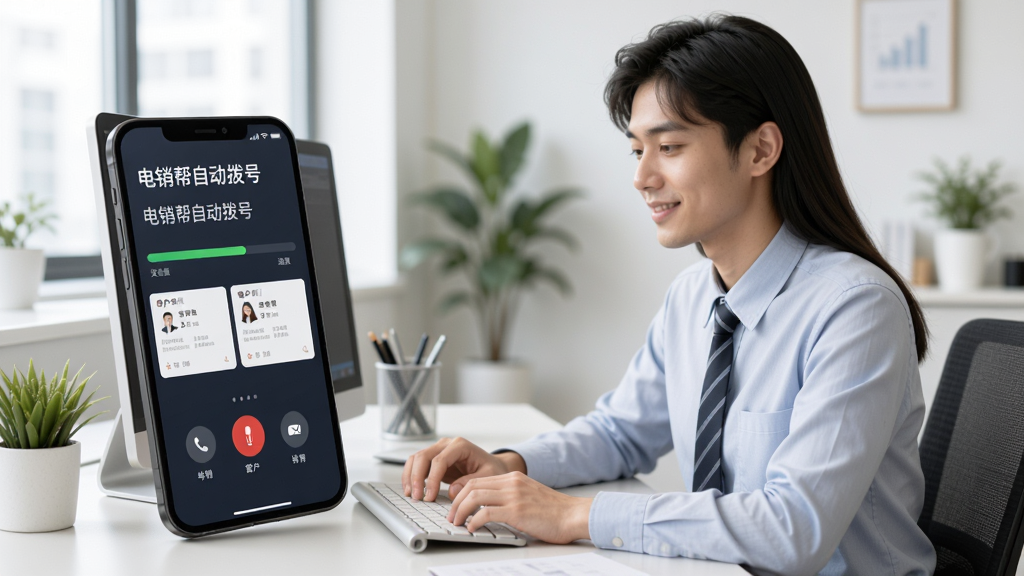 һλ�����������ڰ칫��ǰ���ֻ���Ļ��ʾ���������Զ����š������Զ����ţ���Ļ���в��Ž������Ϳͻ���Ϣ��Ƭ������������İ칫������������дʵ���������������ɾ�