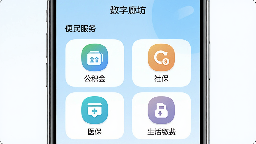 һ��չʾ�������ȷ���App�������ۺ�ҳ���ͼƬ���������ֻ���Ļ��ʾ��������񡱰�飬�����������𡱡��籣����ҽ����������ɷѡ��ĸ���ͼ�갴ť��ÿ����ť�·��ж�Ӧ������˵��������Ϊǳ��ɫ���䣬ͼ�����Բ���࣬���廭��ɾ��������޶���װ��Ԫ�ء�