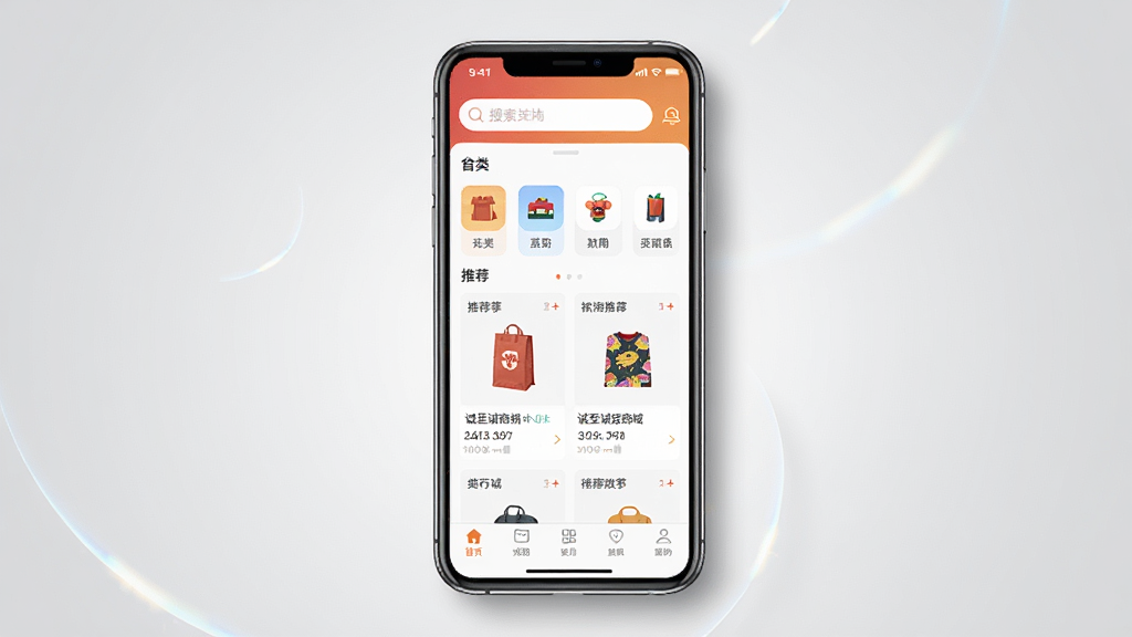 一张手机屏幕展示诚至诚商城App主界面,画面中央是手机正视图,屏幕内显示商城首页,顶部有搜索栏,中间是商品分类图标和推荐商品卡片,底部有导航栏,背景为浅灰色渐变,手机周围有轻微的阴影和光效,风格简洁现代,细节清晰,画质干净,无多余元素