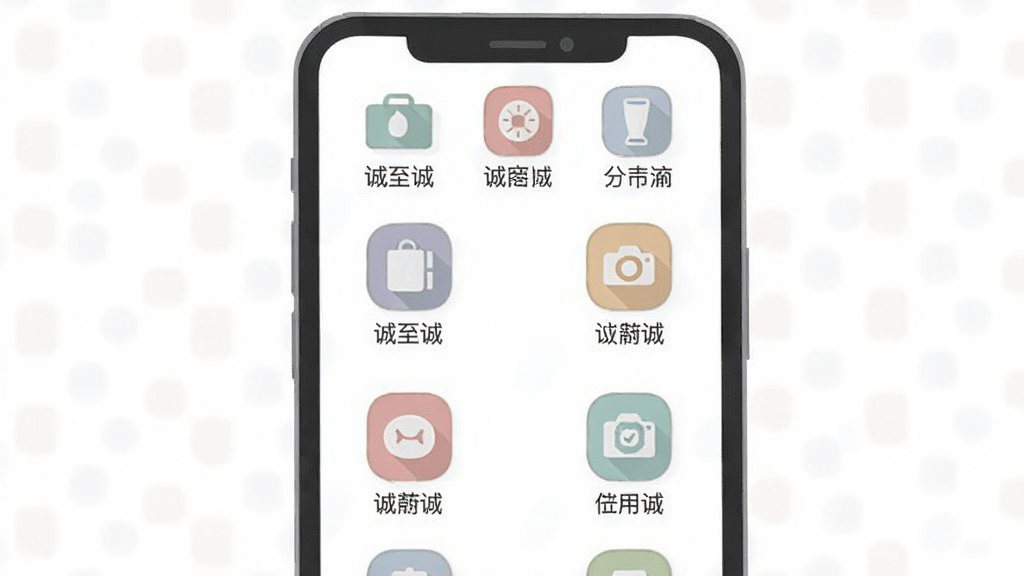 一张诚至诚商城商品分类页面的截图风格插画,画面主体是手机屏幕,屏幕内显示多个彩色分类图标整齐排列,每个图标下方有文字标签,背景为白色,整体风格扁平化设计,色彩柔和,布局规整,画质干净,无多余元素