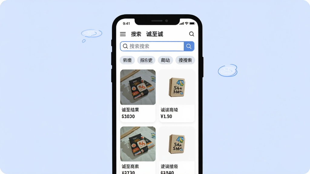 一张诚至诚商城搜索页面的界面展示插画,画面中央是手机屏幕,屏幕内显示搜索框和下方的历史搜索标签,搜索结果以卡片列表形式呈现,每个卡片有商品图片和价格信息,背景为浅蓝色,风格清爽简洁,画质干净,无多余元素