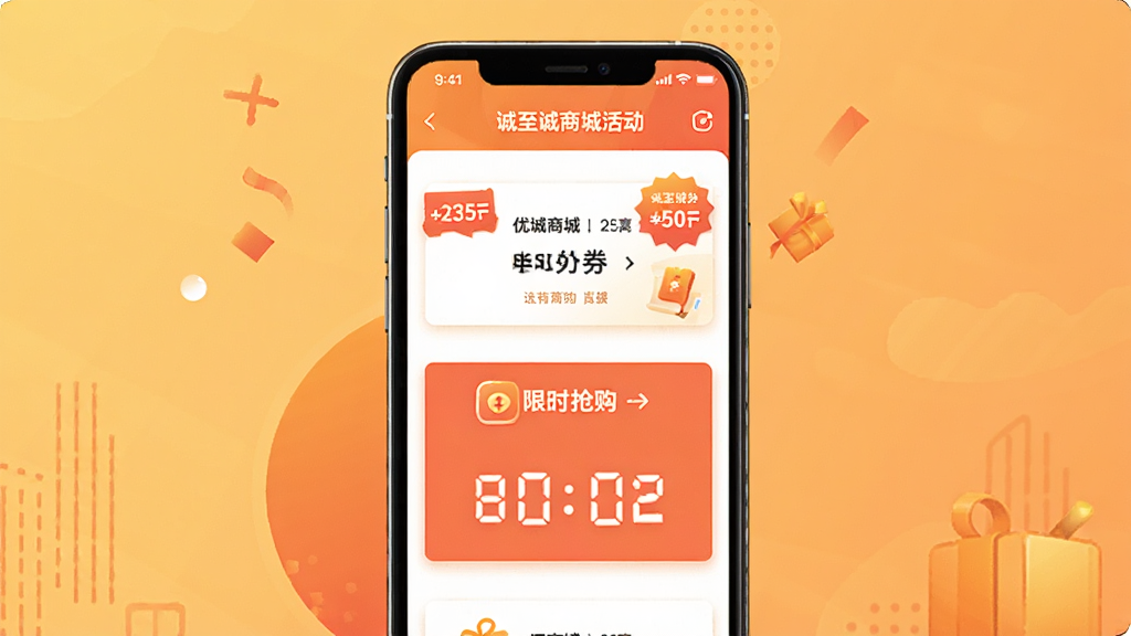 一张诚至诚商城优惠活动页面的界面展示插画,画面中央是手机屏幕,屏幕内显示优惠券卡片和限时抢购板块,卡片上有折扣标签和倒计时数字,背景为暖色调渐变,风格活泼但不花哨,布局整齐,画质干净,无多余元素