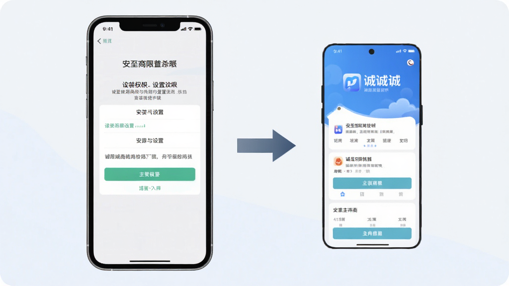 一张诚至诚商城安装与设置流程的示意图,画面主体是手机屏幕展示安装权限设置界面,旁边有箭头指向App主界面,背景为浅色,风格简洁明了,布局清晰,画质干净,无多余元素