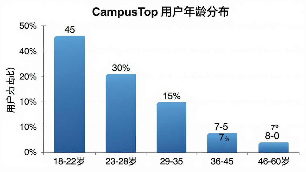 һ��չʾCampusTop�û�����ֲ�����״ͼ������������ͼ��������������η�Ϊ18-22�ꡢ23-28�ꡢ29-35�ꡢ36-45�ꡢ46-60�꣬�������û�ռ�Ȱٷֱȣ���״ͼ������ʾ18-22��ռ�����ԼΪ45%��23-28��ԼΪ30%��29-35��ԼΪ15%��36-45��ԼΪ7%��46-60��ԼΪ3%�������Ǳ�׼��ͼ���Ű棬����Ǽ������ϸ����������ɫΪ������ɫ����ֵ��ע���������ʸɾ��޶���Ԫ��